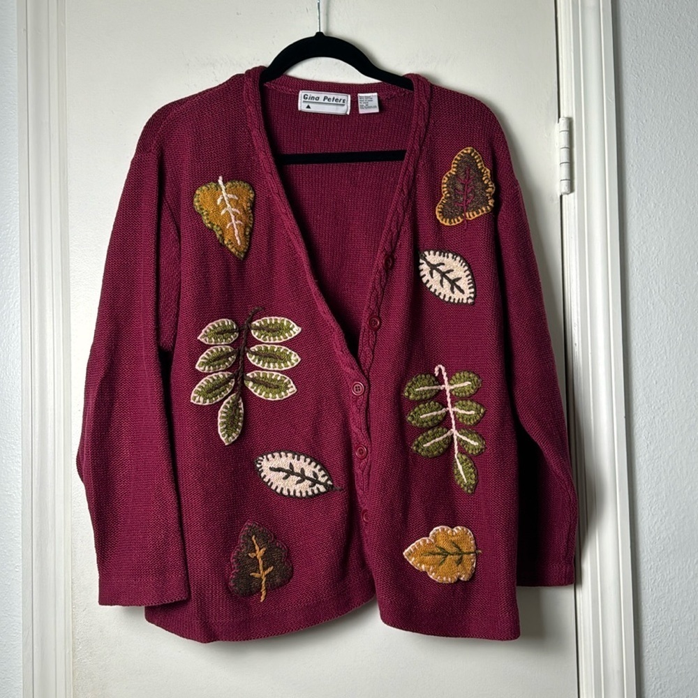 Gina Peters Vintage Embroidered Autumnal Fall Cardigan Knit Sweater Size Medium
